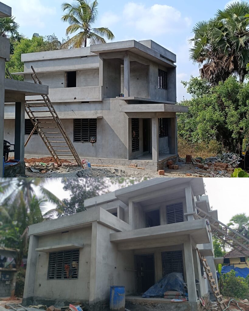 Compact home with plastering work completed, showcasing structural details before painting.